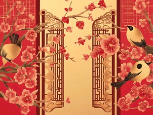 中式花鸟图 红梅金鸟贺春