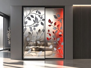 时尚花叶图案玻璃推拉门