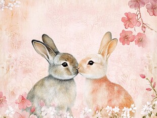 亲吻的萌兔与烂漫春花