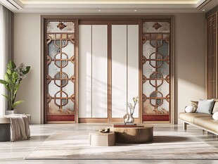 中式复古玻璃移门客厅场景