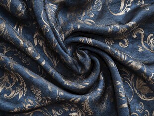 蓝色锦缎花纹布料特写