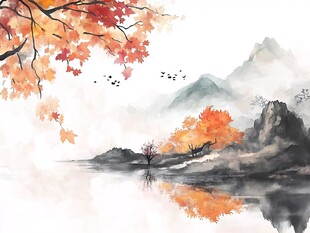 秋景山水水墨图