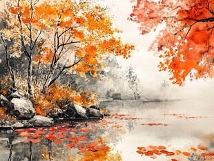秋景水墨 湖畔红叶飘零图