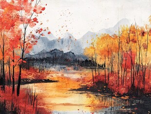 秋日山林湖景梦幻水彩画