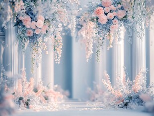 梦幻粉蓝花卉婚礼通道