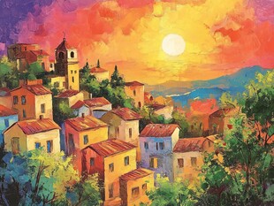 夕阳下的彩色村庄美景