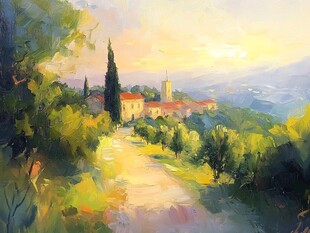 黄昏下的山间村庄美景