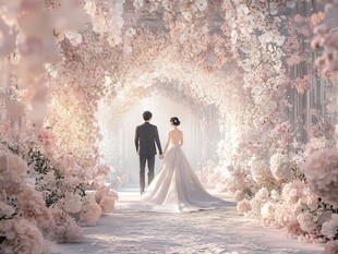 梦幻花廊下的浪漫新婚夫妇