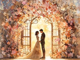 梦幻花海中的浪漫新婚夫妇