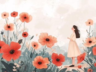 女孩漫步于绚烂花海间
