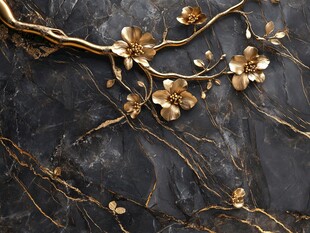 金色花枝饰于黑色大理石