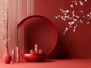 红色系美妆产品精致陈列