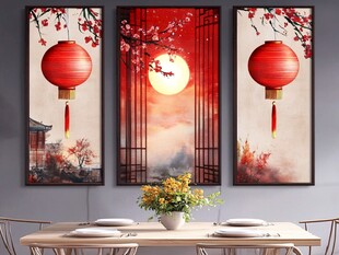 中式红灯笼装饰画三幅组