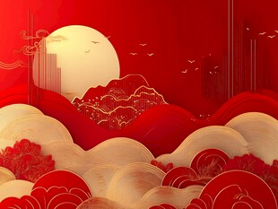 红日映山景 中式意境美