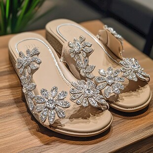 奢华水钻花朵装饰女士拖鞋