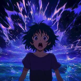 女孩惊望绚烂奇幻光影