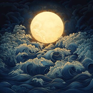 月夜下的汹涌海浪景象