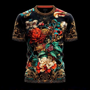 华丽花卉豹纹图案男士T恤