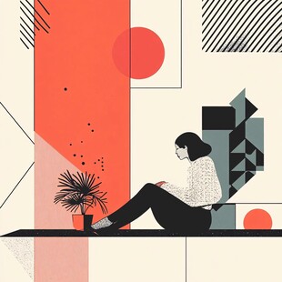 静坐沉思的女士与几何背景