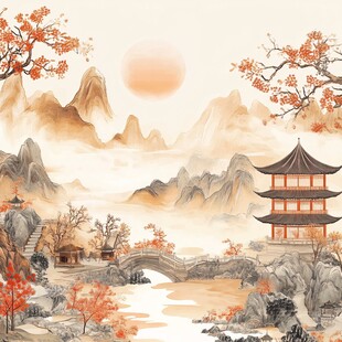 秋日山水间的古韵楼阁