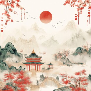 中式山水亭阁红日美景图