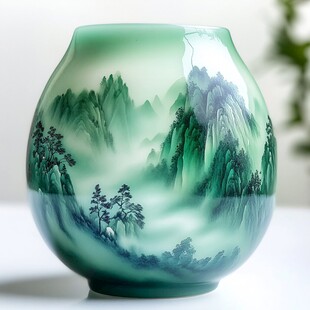青绿色山水纹陶瓷花瓶