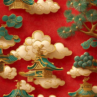 中式红底古建筑云松图案