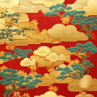 中式金红祥云松景纹理图