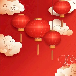 红灯笼飘于祥云红背景间