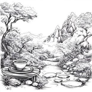 溪边木桌置茶杯山林景