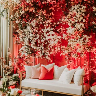 浪漫红白色花卉装饰沙发区