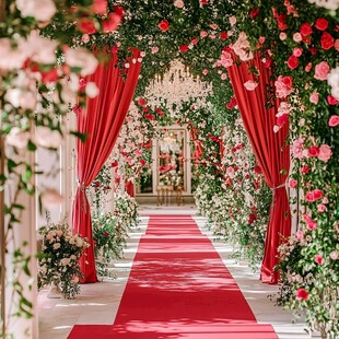 浪漫红粉花卉婚礼通道