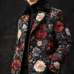 男士复古印花毛领保暖外套