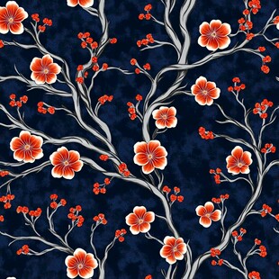 深蓝底红梅枝图案纹理