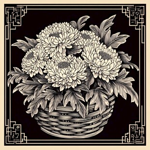 中式篮中菊黑白装饰画