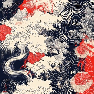 日式浮世绘风格海浪花卉图案