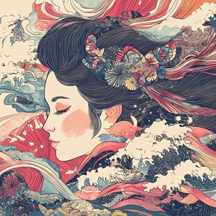 艺伎与海浪的梦幻插画