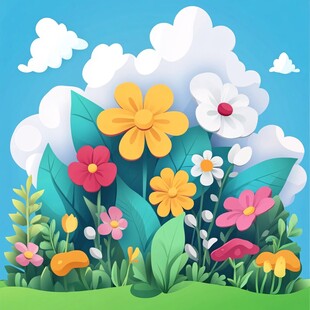 缤纷花卉绽放于蓝天白云下