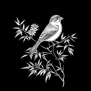 枝头小鸟黑白插画