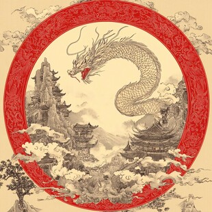 中式龙纹山水圆形古风图