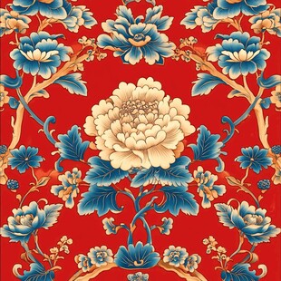 中式红底蓝白花卉图案