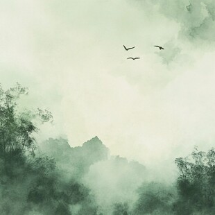 水墨山林飞鸟意境图