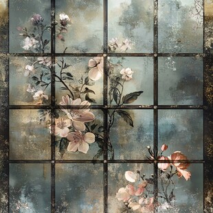 窗格上的花卉复古艺术画