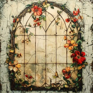 复古繁花装饰的拱形窗户