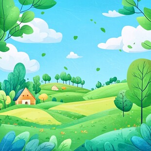 田园风光插画 绿意盎然美景