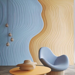 蓝黄波纹墙前的舒适座椅