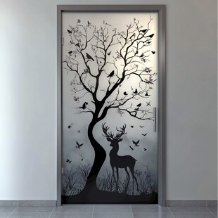 艺术玻璃门 鹿树鸟的优雅图景