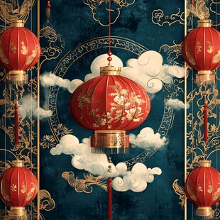 中式古典红金灯笼祥瑞图