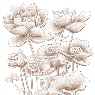 水墨风荷花花卉线稿图