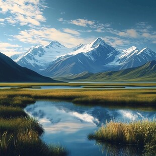 雪山下的宁静湖泊美景